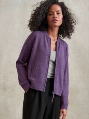 Garnet Hill L (12-14) Washable-Cashmere Bomber Cardigan, Violet Heather
